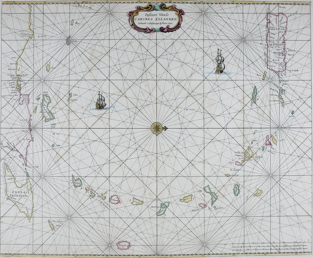 An illustration from De zee-atlas ofte water-wereld : waer in vertoont werden alle de zee-kusten van het bekende des aerd-bodems : seer dienstigh voor alle heeren en kooplieden, als oock voor alle schippers en stuurlieden, 1672, leaf 164