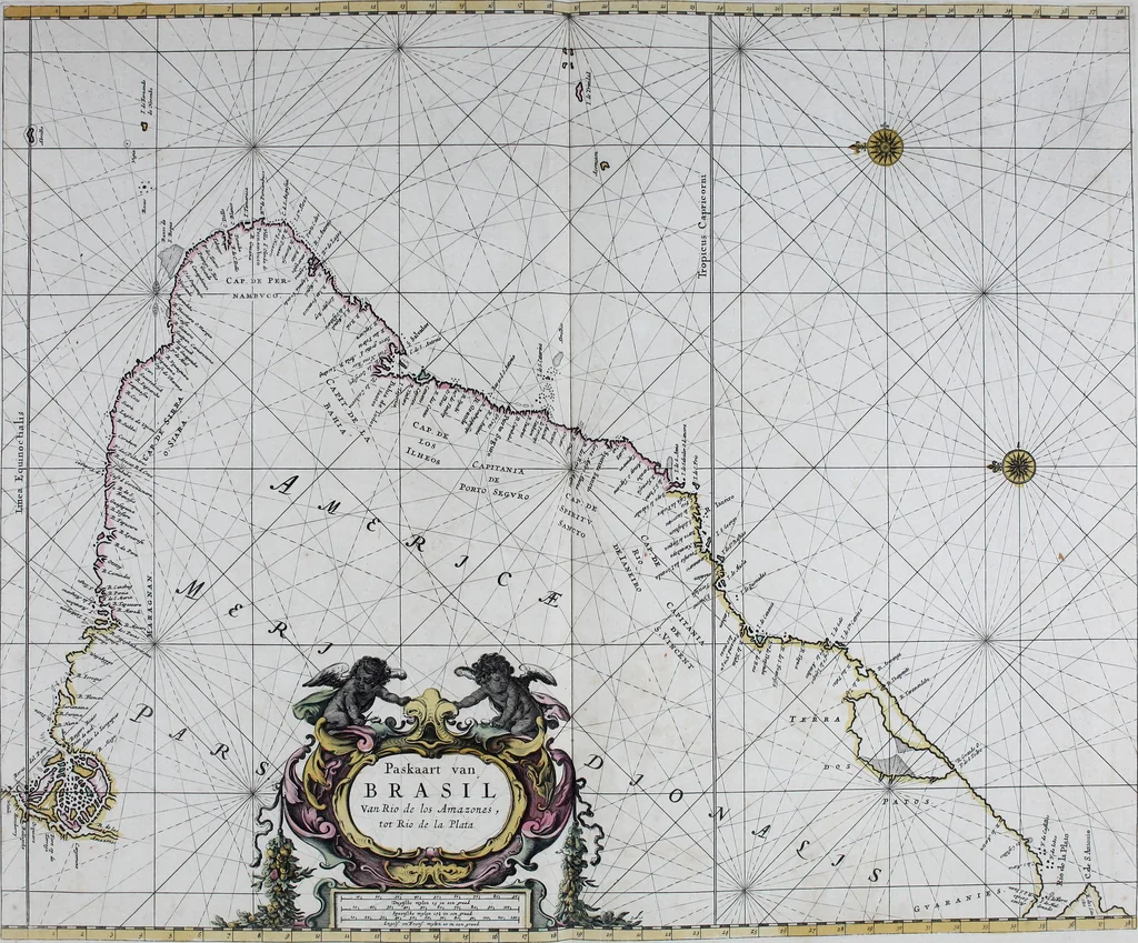 An illustration from De zee-atlas ofte water-wereld : waer in vertoont werden alle de zee-kusten van het bekende des aerd-bodems : seer dienstigh voor alle heeren en kooplieden, als oock voor alle schippers en stuurlieden, 1672, leaf 168