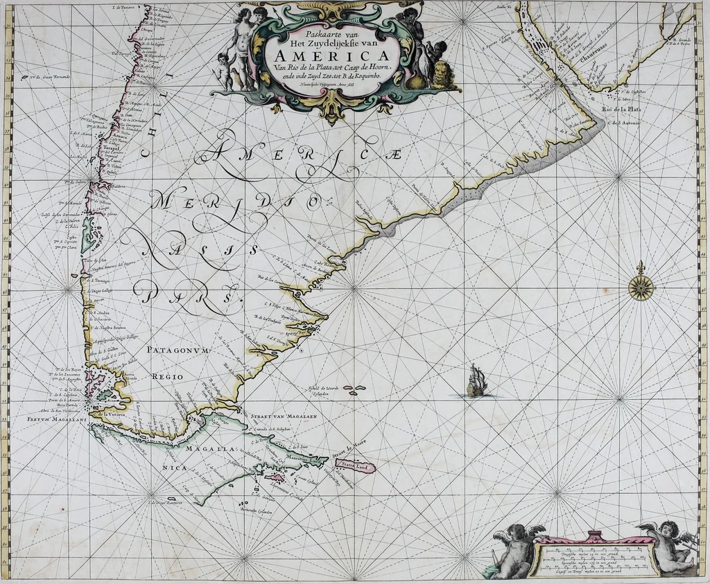 An illustration from De zee-atlas ofte water-wereld : waer in vertoont werden alle de zee-kusten van het bekende des aerd-bodems : seer dienstigh voor alle heeren en kooplieden, als oock voor alle schippers en stuurlieden, 1672, leaf 172