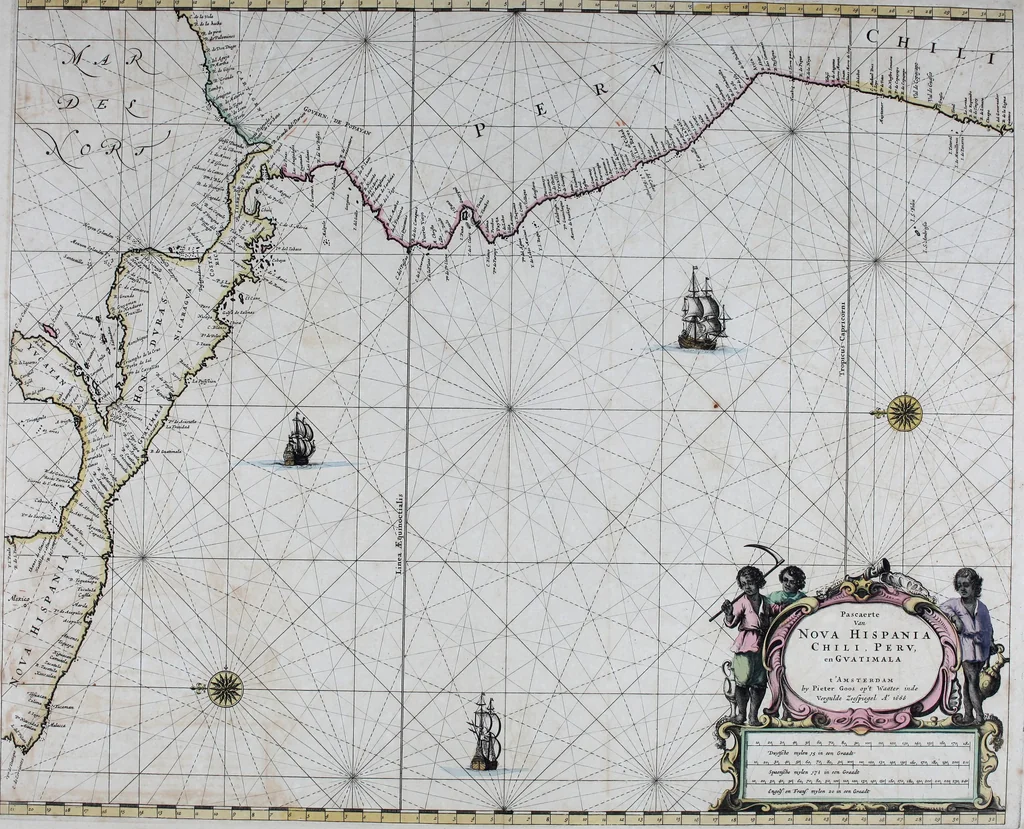 An illustration from De zee-atlas ofte water-wereld : waer in vertoont werden alle de zee-kusten van het bekende des aerd-bodems : seer dienstigh voor alle heeren en kooplieden, als oock voor alle schippers en stuurlieden, 1672, leaf 176