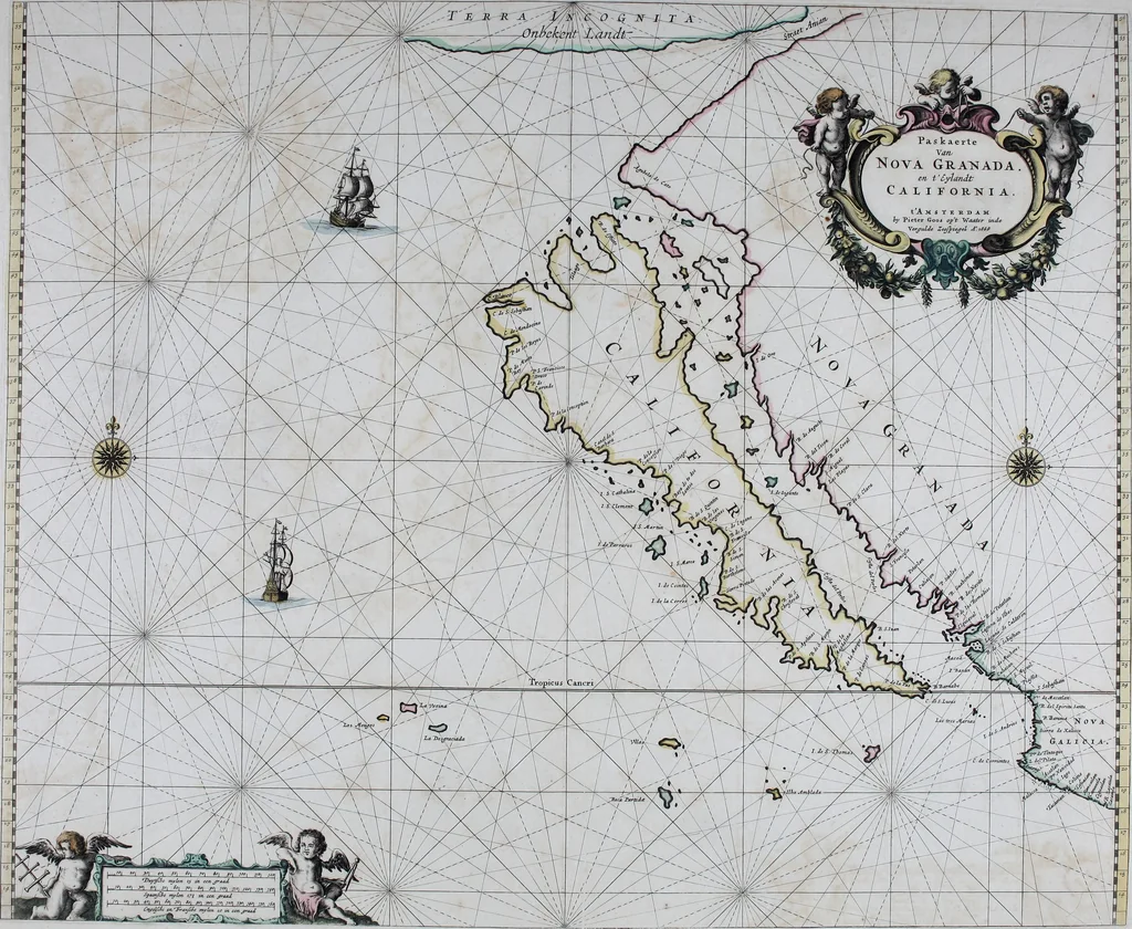 An illustration from De zee-atlas ofte water-wereld : waer in vertoont werden alle de zee-kusten van het bekende des aerd-bodems : seer dienstigh voor alle heeren en kooplieden, als oock voor alle schippers en stuurlieden, 1672, leaf 180