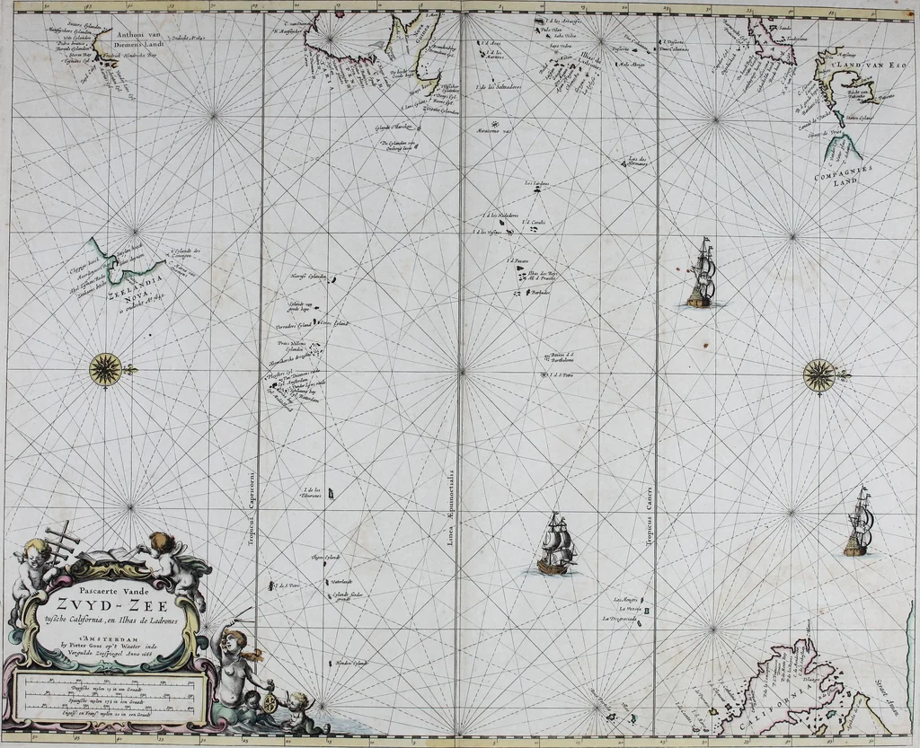 An illustration from De zee-atlas ofte water-wereld : waer in vertoont werden alle de zee-kusten van het bekende des aerd-bodems : seer dienstigh voor alle heeren en kooplieden, als oock voor alle schippers en stuurlieden, 1672, leaf 184