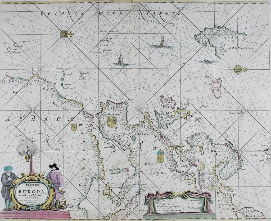 An illustration from De zee-atlas ofte water-wereld : waer in vertoont werden alle de zee-kusten van het bekende des aerd-bodems : seer dienstigh voor alle heeren en kooplieden, als oock voor alle schippers en stuurlieden, 1672, leaf 28
