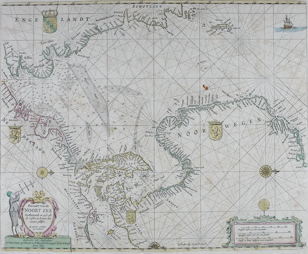 An illustration from De zee-atlas ofte water-wereld : waer in vertoont werden alle de zee-kusten van het bekende des aerd-bodems : seer dienstigh voor alle heeren en kooplieden, als oock voor alle schippers en stuurlieden, 1672, leaf 32