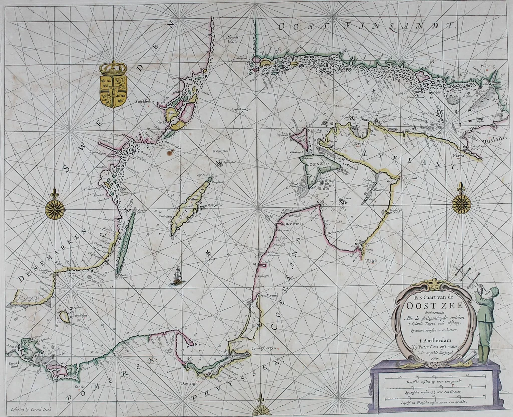 An illustration from De zee-atlas ofte water-wereld : waer in vertoont werden alle de zee-kusten van het bekende des aerd-bodems : seer dienstigh voor alle heeren en kooplieden, als oock voor alle schippers en stuurlieden, 1672, leaf 36