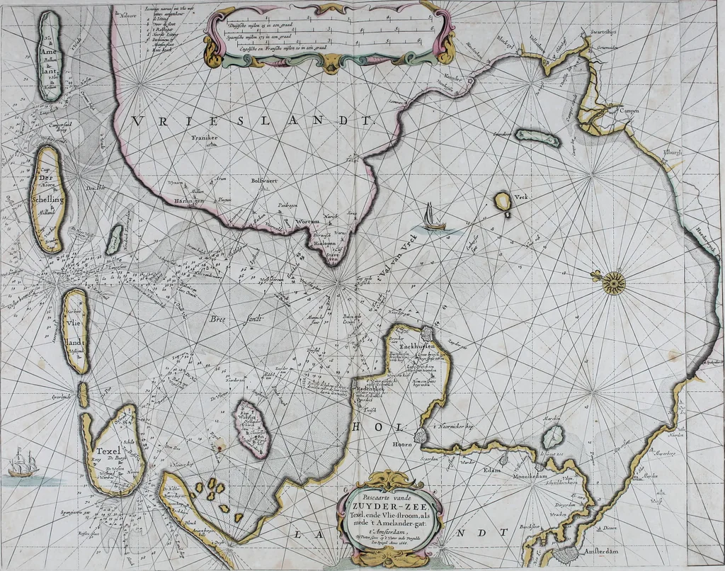 An illustration from De zee-atlas ofte water-wereld : waer in vertoont werden alle de zee-kusten van het bekende des aerd-bodems : seer dienstigh voor alle heeren en kooplieden, als oock voor alle schippers en stuurlieden, 1672, leaf 40