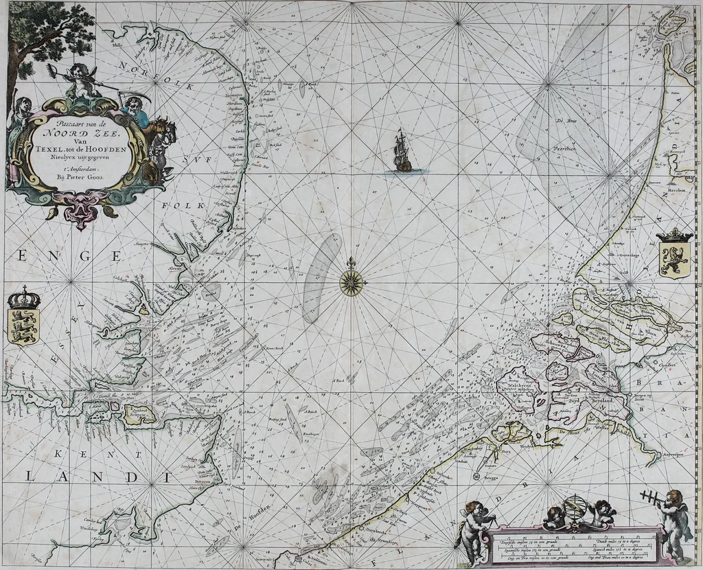 An illustration from De zee-atlas ofte water-wereld : waer in vertoont werden alle de zee-kusten van het bekende des aerd-bodems : seer dienstigh voor alle heeren en kooplieden, als oock voor alle schippers en stuurlieden, 1672, leaf 44