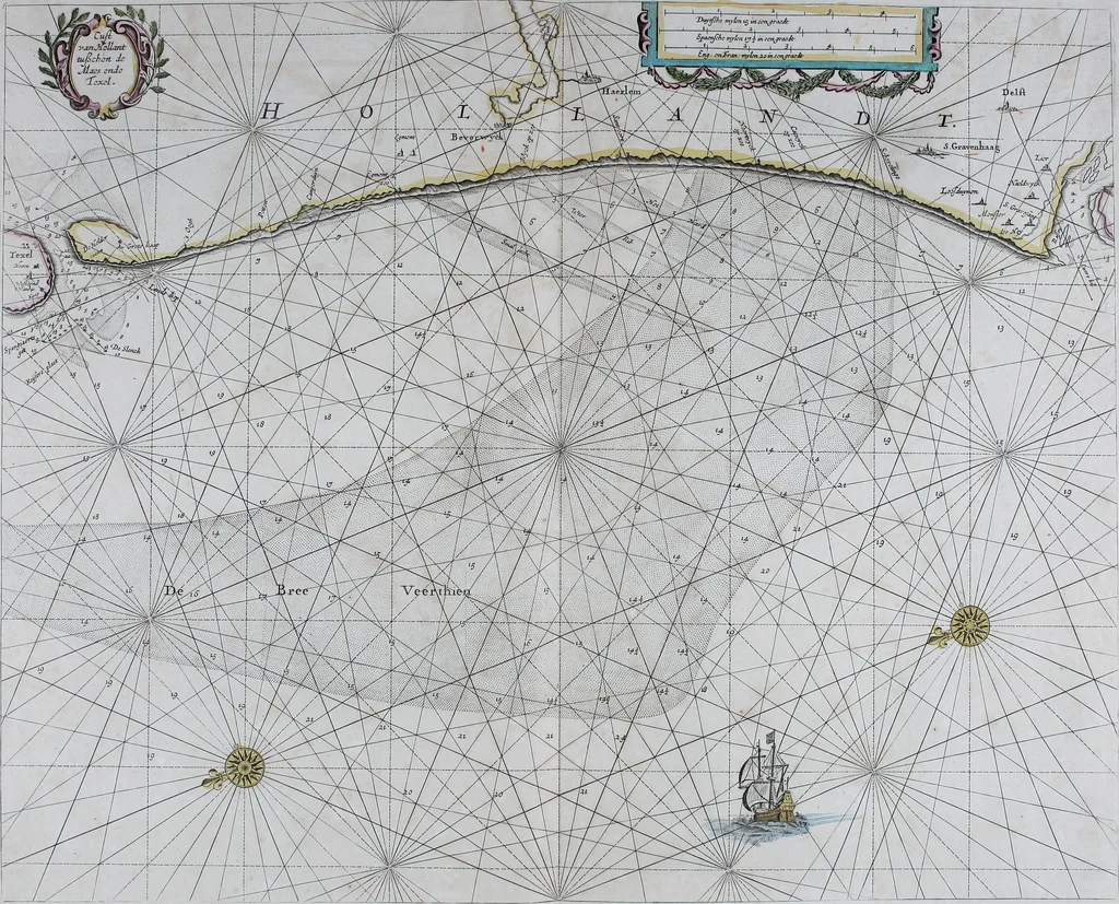 An illustration from De zee-atlas ofte water-wereld : waer in vertoont werden alle de zee-kusten van het bekende des aerd-bodems : seer dienstigh voor alle heeren en kooplieden, als oock voor alle schippers en stuurlieden, 1672, leaf 48