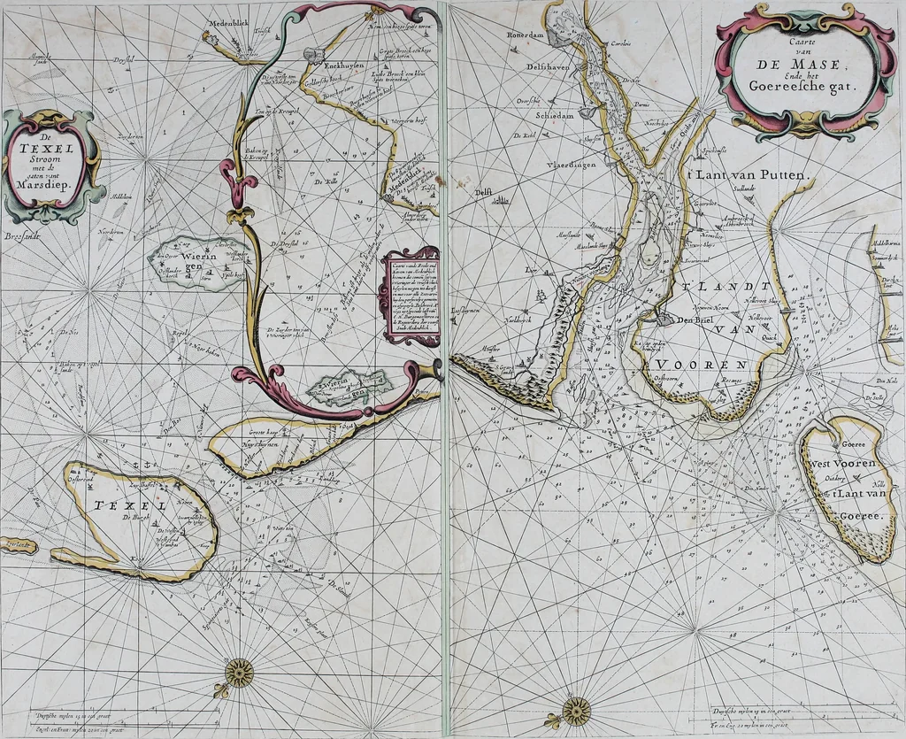 An illustration from De zee-atlas ofte water-wereld : waer in vertoont werden alle de zee-kusten van het bekende des aerd-bodems : seer dienstigh voor alle heeren en kooplieden, als oock voor alle schippers en stuurlieden, 1672, leaf 52