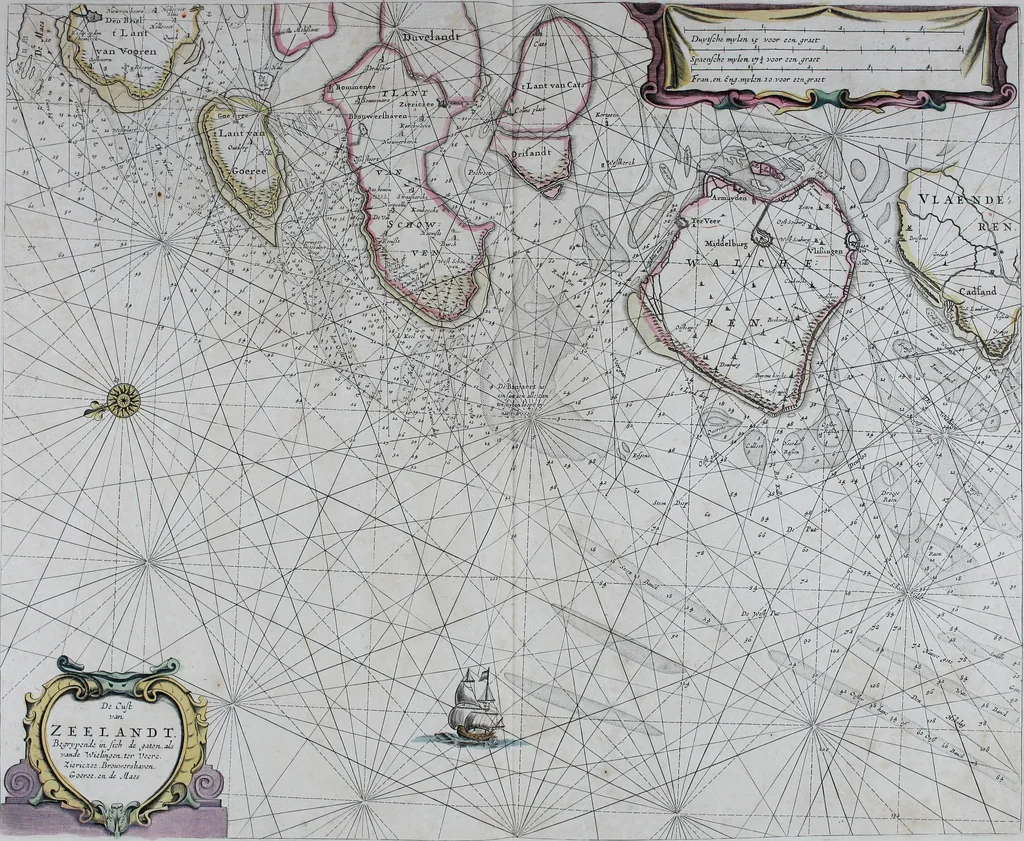 An illustration from De zee-atlas ofte water-wereld : waer in vertoont werden alle de zee-kusten van het bekende des aerd-bodems : seer dienstigh voor alle heeren en kooplieden, als oock voor alle schippers en stuurlieden, 1672, leaf 56