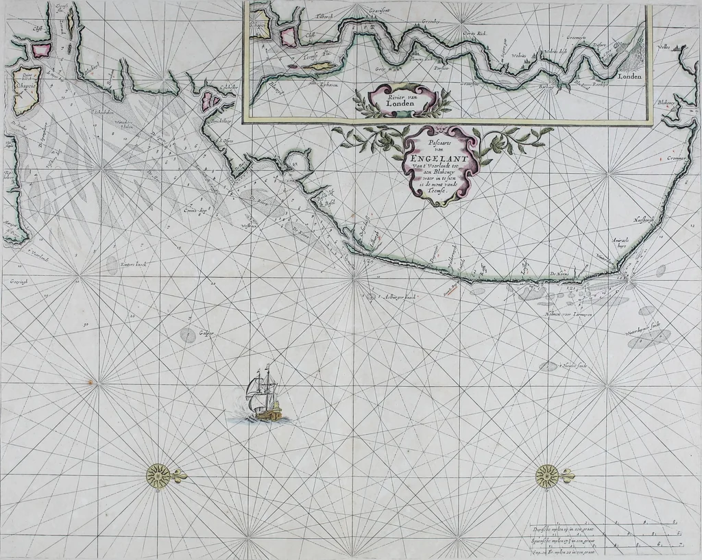 An illustration from De zee-atlas ofte water-wereld : waer in vertoont werden alle de zee-kusten van het bekende des aerd-bodems : seer dienstigh voor alle heeren en kooplieden, als oock voor alle schippers en stuurlieden, 1672, leaf 64