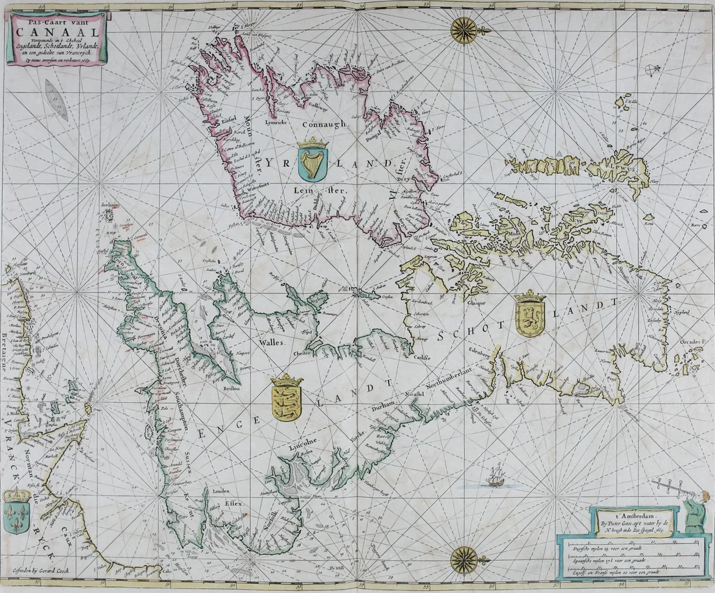 An illustration from De zee-atlas ofte water-wereld : waer in vertoont werden alle de zee-kusten van het bekende des aerd-bodems : seer dienstigh voor alle heeren en kooplieden, als oock voor alle schippers en stuurlieden, 1672, leaf 68
