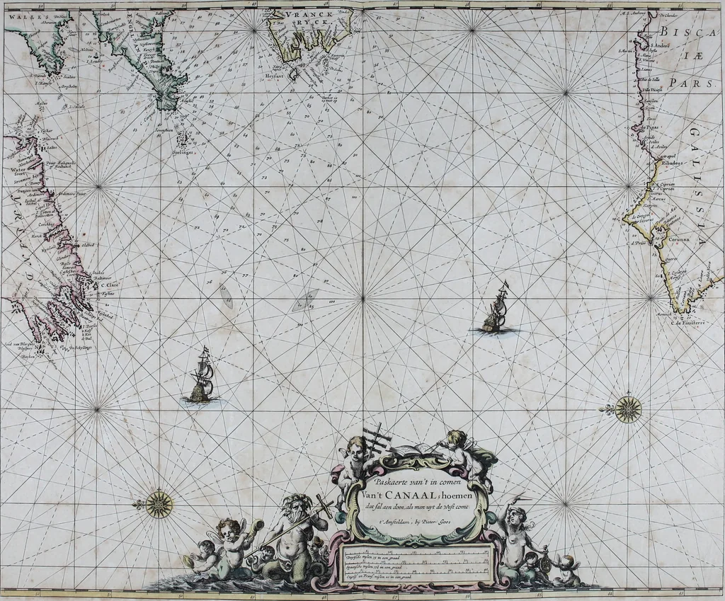 An illustration from De zee-atlas ofte water-wereld : waer in vertoont werden alle de zee-kusten van het bekende des aerd-bodems : seer dienstigh voor alle heeren en kooplieden, als oock voor alle schippers en stuurlieden, 1672, leaf 80
