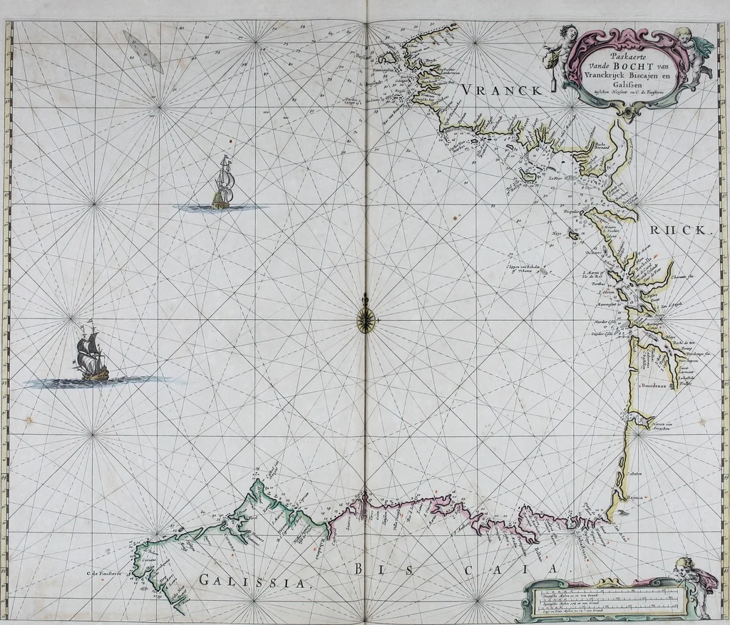 An illustration from De zee-atlas ofte water-wereld : waer in vertoont werden alle de zee-kusten van het bekende des aerd-bodems : seer dienstigh voor alle heeren en kooplieden, als oock voor alle schippers en stuurlieden, 1672, leaf 84