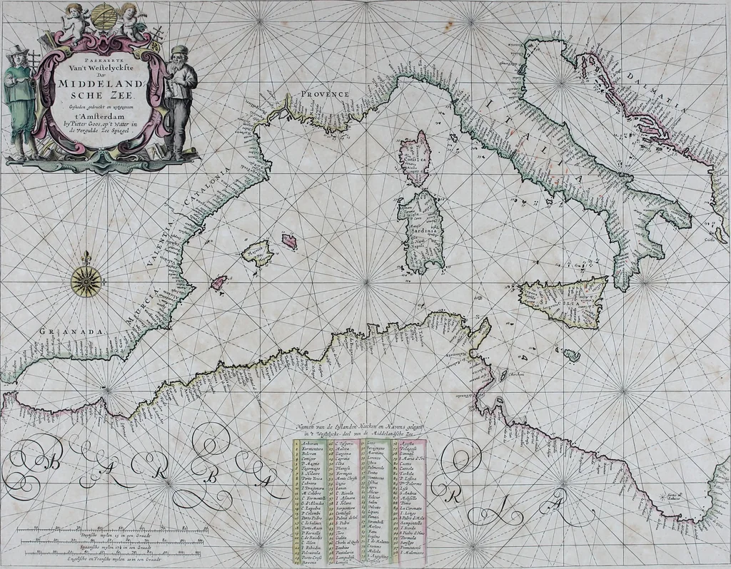 An illustration from De zee-atlas ofte water-wereld : waer in vertoont werden alle de zee-kusten van het bekende des aerd-bodems : seer dienstigh voor alle heeren en kooplieden, als oock voor alle schippers en stuurlieden, 1672, leaf 92