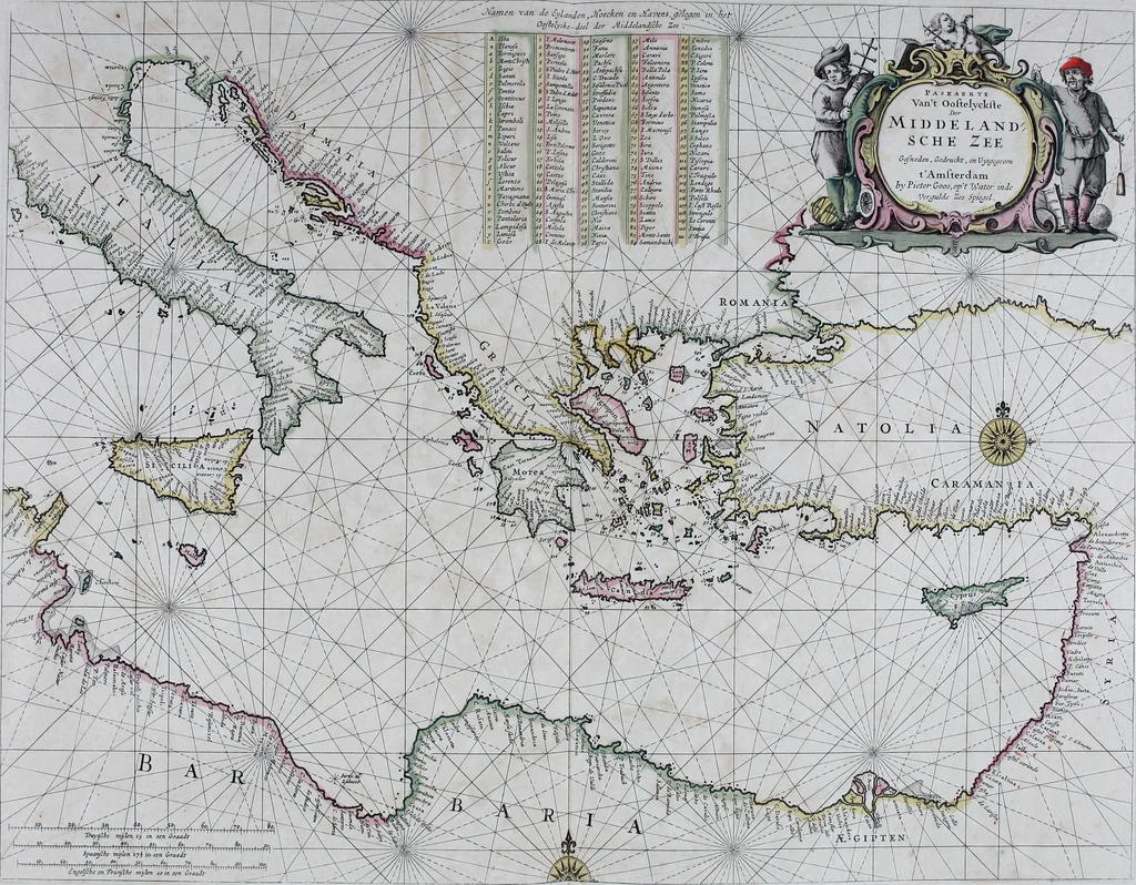An illustration from De zee-atlas ofte water-wereld : waer in vertoont werden alle de zee-kusten van het bekende des aerd-bodems : seer dienstigh voor alle heeren en kooplieden, als oock voor alle schippers en stuurlieden, 1672, leaf 96