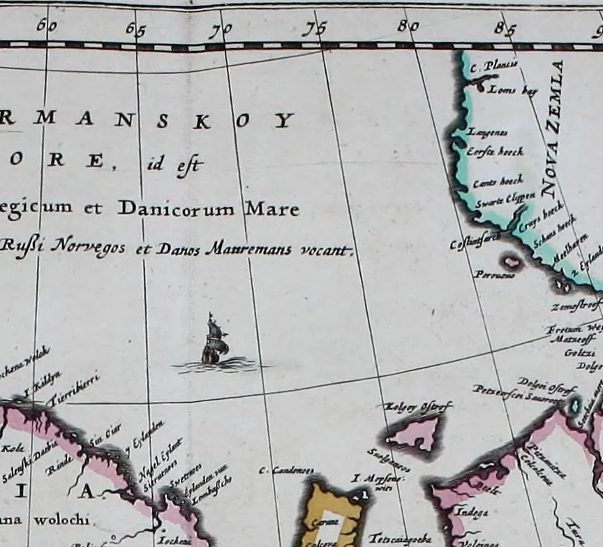 An illustration from De zee-atlas of Water-waerelt, vertoonende alle de zee-kusten van het bekende des aerd-bodems, met een generale beschrijvinge van dien : seer dienstigh voor schippers en stuurlieden, mitsgaders koop-lieden om op 't kantoor gebruyckt te worden : Nieuwelijcks aldus uytgegeven, 1665, leaf 118