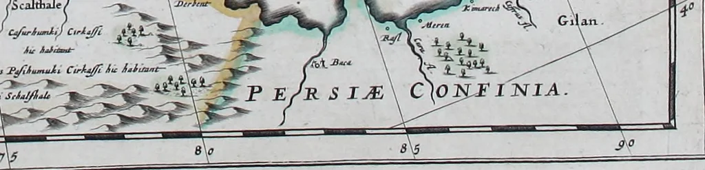 An illustration from De zee-atlas of Water-waerelt, vertoonende alle de zee-kusten van het bekende des aerd-bodems, met een generale beschrijvinge van dien : seer dienstigh voor schippers en stuurlieden, mitsgaders koop-lieden om op 't kantoor gebruyckt te worden : Nieuwelijcks aldus uytgegeven, 1665, leaf 118