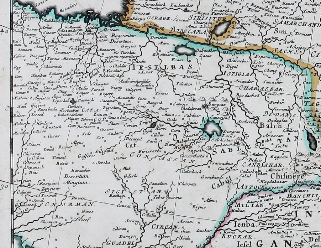 An illustration from De zee-atlas of Water-waerelt, vertoonende alle de zee-kusten van het bekende des aerd-bodems, met een generale beschrijvinge van dien : seer dienstigh voor schippers en stuurlieden, mitsgaders koop-lieden om op 't kantoor gebruyckt te worden : Nieuwelijcks aldus uytgegeven, 1665, leaf 136