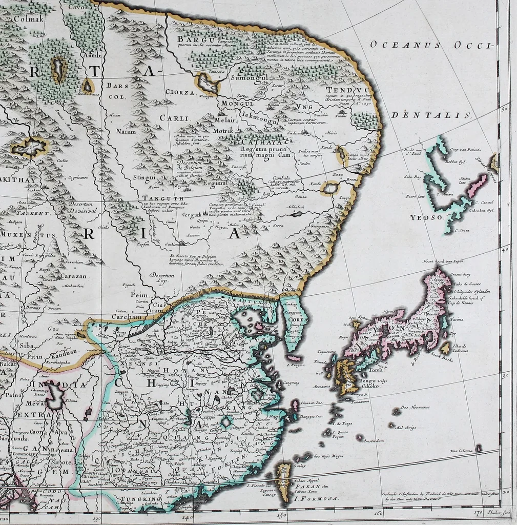 An illustration from De zee-atlas of Water-waerelt, vertoonende alle de zee-kusten van het bekende des aerd-bodems, met een generale beschrijvinge van dien : seer dienstigh voor schippers en stuurlieden, mitsgaders koop-lieden om op 't kantoor gebruyckt te worden : Nieuwelijcks aldus uytgegeven, 1665, leaf 136