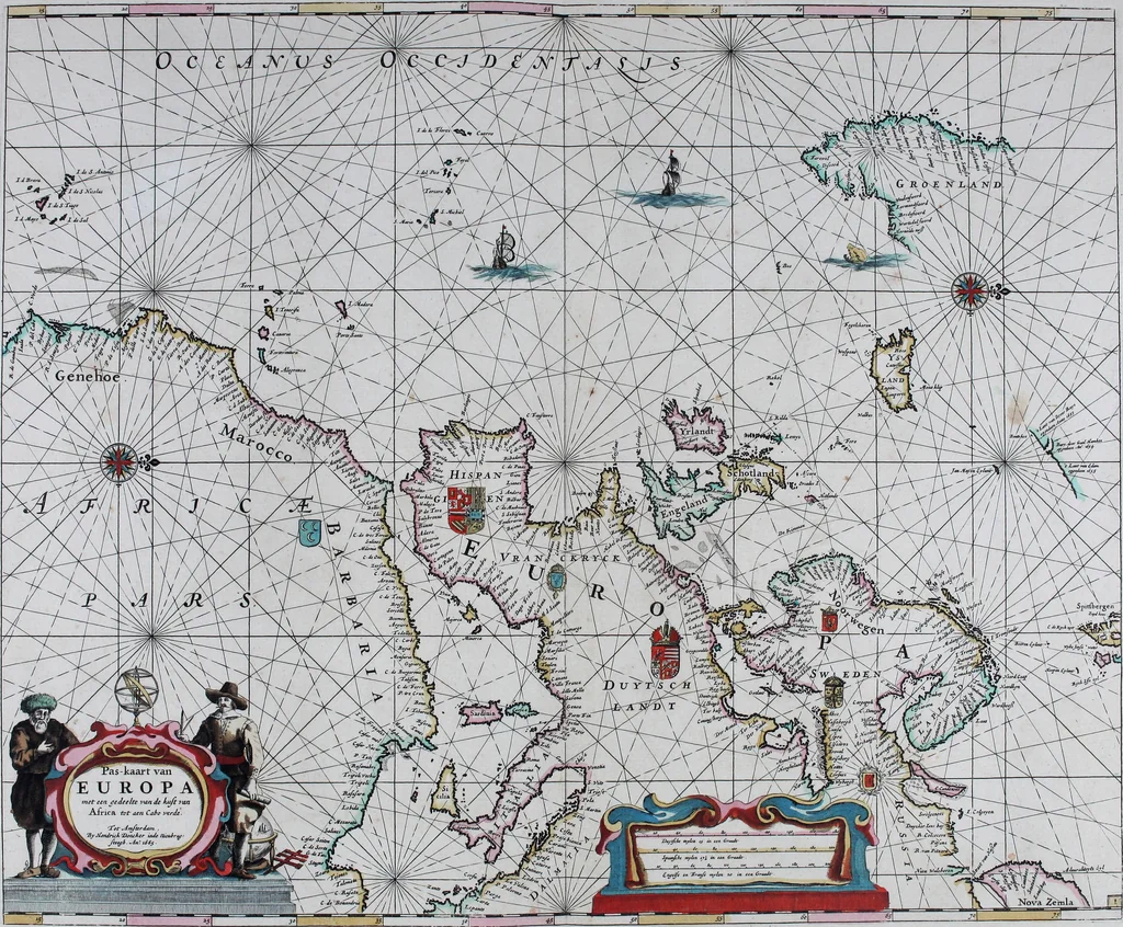 An illustration from De zee-atlas of Water-waerelt, vertoonende alle de zee-kusten van het bekende des aerd-bodems, met een generale beschrijvinge van dien : seer dienstigh voor schippers en stuurlieden, mitsgaders koop-lieden om op 't kantoor gebruyckt te worden : Nieuwelijcks aldus uytgegeven, 1665, leaf 24