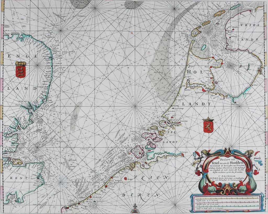 An illustration from De zee-atlas of Water-waerelt, vertoonende alle de zee-kusten van het bekende des aerd-bodems, met een generale beschrijvinge van dien : seer dienstigh voor schippers en stuurlieden, mitsgaders koop-lieden om op 't kantoor gebruyckt te worden : Nieuwelijcks aldus uytgegeven, 1665, leaf 28