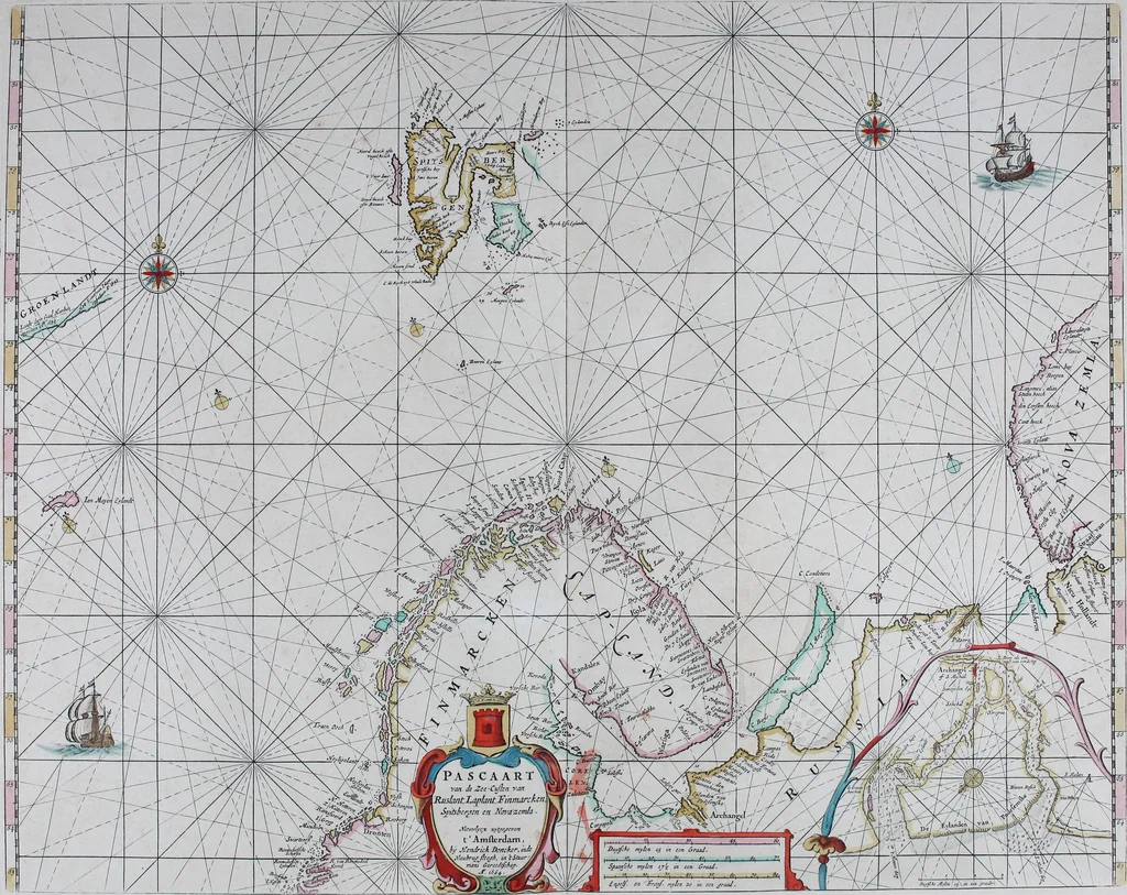 An illustration from De zee-atlas of Water-waerelt, vertoonende alle de zee-kusten van het bekende des aerd-bodems, met een generale beschrijvinge van dien : seer dienstigh voor schippers en stuurlieden, mitsgaders koop-lieden om op 't kantoor gebruyckt te worden : Nieuwelijcks aldus uytgegeven, 1665, leaf 32