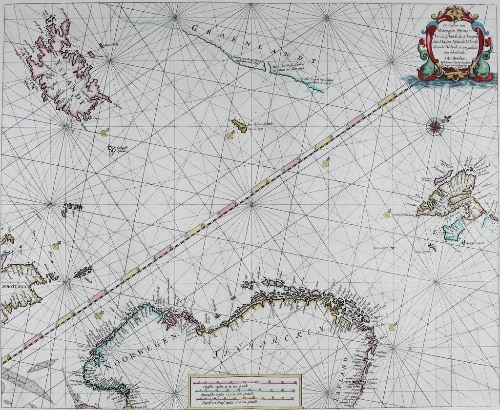 An illustration from De zee-atlas of Water-waerelt, vertoonende alle de zee-kusten van het bekende des aerd-bodems, met een generale beschrijvinge van dien : seer dienstigh voor schippers en stuurlieden, mitsgaders koop-lieden om op 't kantoor gebruyckt te worden : Nieuwelijcks aldus uytgegeven, 1665, leaf 34