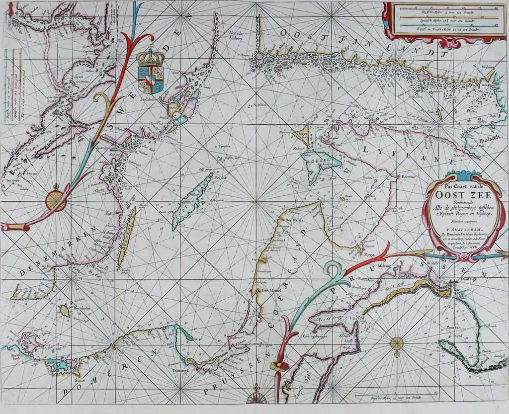 An illustration from De zee-atlas of Water-waerelt, vertoonende alle de zee-kusten van het bekende des aerd-bodems, met een generale beschrijvinge van dien : seer dienstigh voor schippers en stuurlieden, mitsgaders koop-lieden om op 't kantoor gebruyckt te worden : Nieuwelijcks aldus uytgegeven, 1665, leaf 38