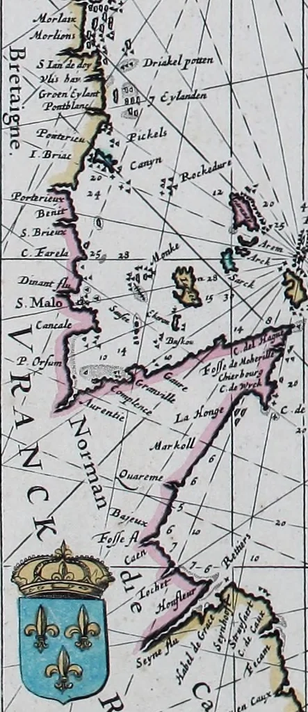 An illustration from De zee-atlas of Water-waerelt, vertoonende alle de zee-kusten van het bekende des aerd-bodems, met een generale beschrijvinge van dien : seer dienstigh voor schippers en stuurlieden, mitsgaders koop-lieden om op 't kantoor gebruyckt te worden : Nieuwelijcks aldus uytgegeven, 1665, leaf 40