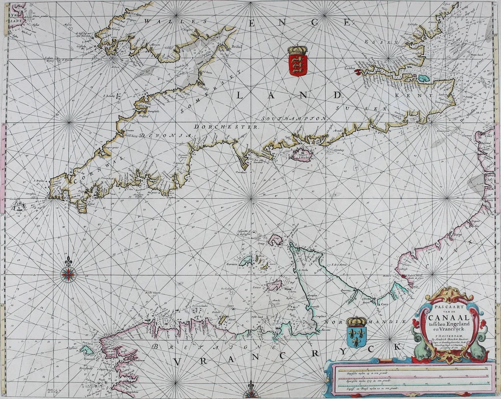 An illustration from De zee-atlas of Water-waerelt, vertoonende alle de zee-kusten van het bekende des aerd-bodems, met een generale beschrijvinge van dien : seer dienstigh voor schippers en stuurlieden, mitsgaders koop-lieden om op 't kantoor gebruyckt te worden : Nieuwelijcks aldus uytgegeven, 1665, leaf 42