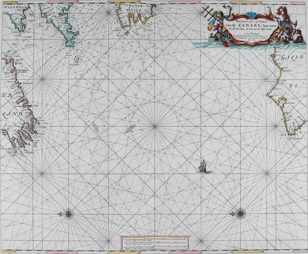 An illustration from De zee-atlas of Water-waerelt, vertoonende alle de zee-kusten van het bekende des aerd-bodems, met een generale beschrijvinge van dien : seer dienstigh voor schippers en stuurlieden, mitsgaders koop-lieden om op 't kantoor gebruyckt te worden : Nieuwelijcks aldus uytgegeven, 1665, leaf 46
