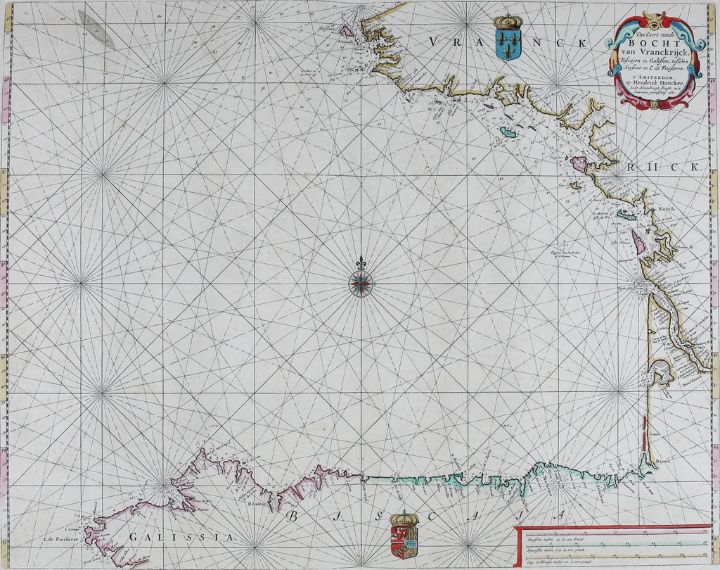An illustration from De zee-atlas of Water-waerelt, vertoonende alle de zee-kusten van het bekende des aerd-bodems, met een generale beschrijvinge van dien : seer dienstigh voor schippers en stuurlieden, mitsgaders koop-lieden om op 't kantoor gebruyckt te worden : Nieuwelijcks aldus uytgegeven, 1665, leaf 48