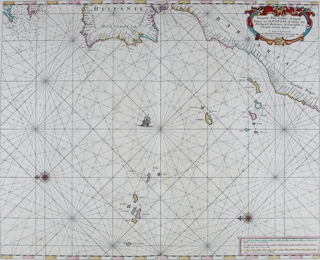An illustration from De zee-atlas of Water-waerelt, vertoonende alle de zee-kusten van het bekende des aerd-bodems, met een generale beschrijvinge van dien : seer dienstigh voor schippers en stuurlieden, mitsgaders koop-lieden om op 't kantoor gebruyckt te worden : Nieuwelijcks aldus uytgegeven, 1665, leaf 52