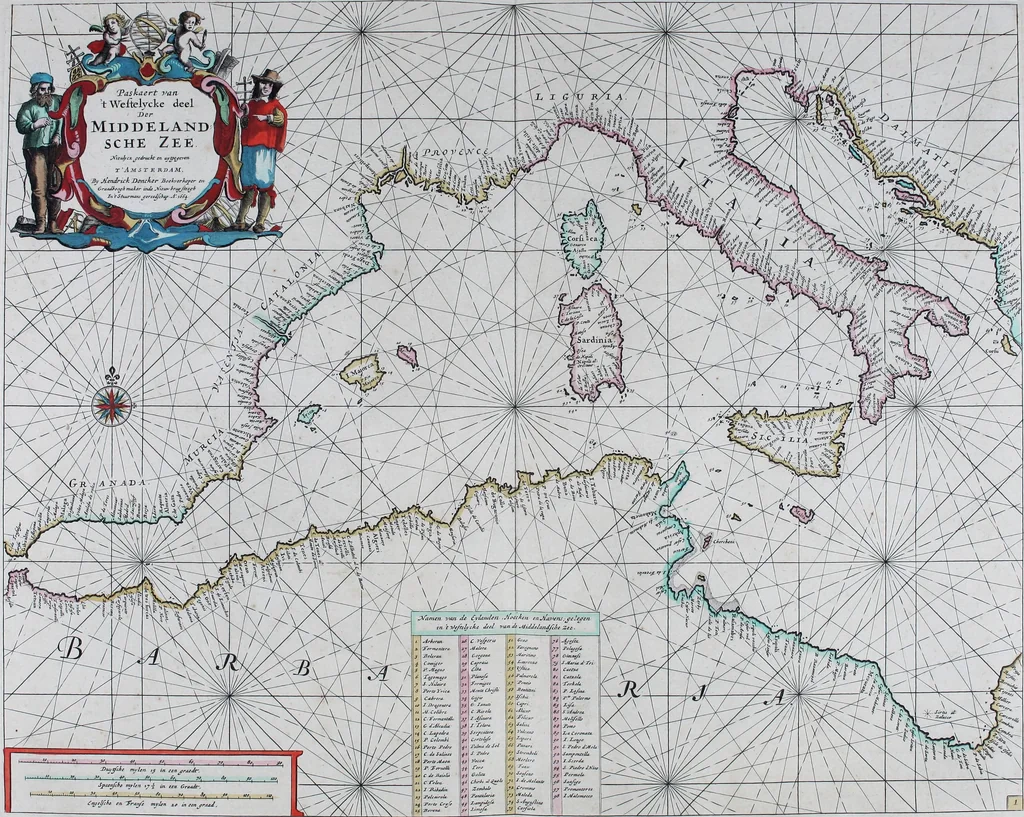 An illustration from De zee-atlas of Water-waerelt, vertoonende alle de zee-kusten van het bekende des aerd-bodems, met een generale beschrijvinge van dien : seer dienstigh voor schippers en stuurlieden, mitsgaders koop-lieden om op 't kantoor gebruyckt te worden : Nieuwelijcks aldus uytgegeven, 1665, leaf 54