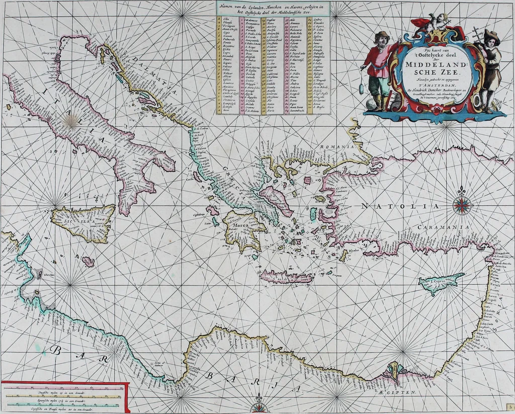 An illustration from De zee-atlas of Water-waerelt, vertoonende alle de zee-kusten van het bekende des aerd-bodems, met een generale beschrijvinge van dien : seer dienstigh voor schippers en stuurlieden, mitsgaders koop-lieden om op 't kantoor gebruyckt te worden : Nieuwelijcks aldus uytgegeven, 1665, leaf 56