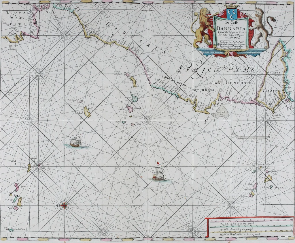An illustration from De zee-atlas of Water-waerelt, vertoonende alle de zee-kusten van het bekende des aerd-bodems, met een generale beschrijvinge van dien : seer dienstigh voor schippers en stuurlieden, mitsgaders koop-lieden om op 't kantoor gebruyckt te worden : Nieuwelijcks aldus uytgegeven, 1665, leaf 58