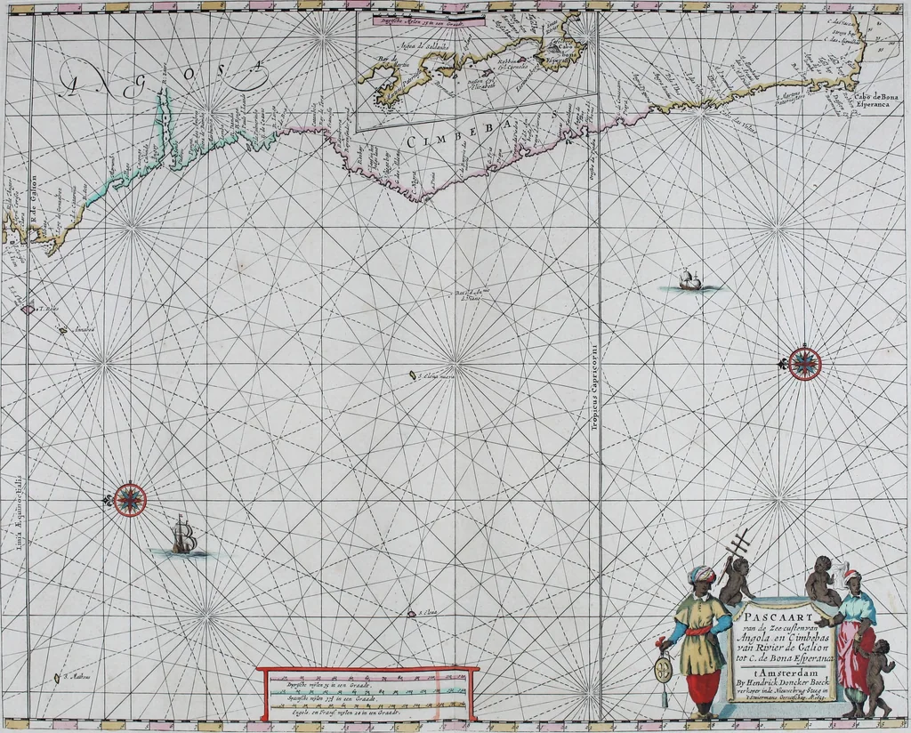 An illustration from De zee-atlas of Water-waerelt, vertoonende alle de zee-kusten van het bekende des aerd-bodems, met een generale beschrijvinge van dien : seer dienstigh voor schippers en stuurlieden, mitsgaders koop-lieden om op 't kantoor gebruyckt te worden : Nieuwelijcks aldus uytgegeven, 1665, leaf 66