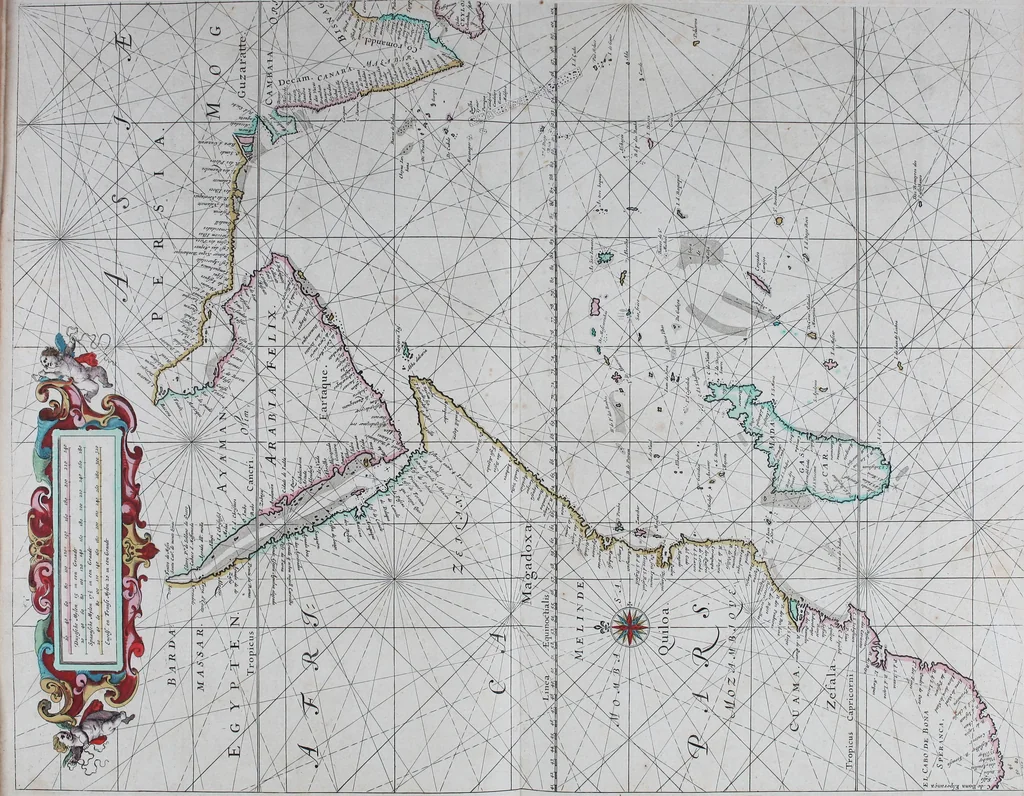 An illustration from De zee-atlas of Water-waerelt, vertoonende alle de zee-kusten van het bekende des aerd-bodems, met een generale beschrijvinge van dien : seer dienstigh voor schippers en stuurlieden, mitsgaders koop-lieden om op 't kantoor gebruyckt te worden : Nieuwelijcks aldus uytgegeven, 1665, leaf 68