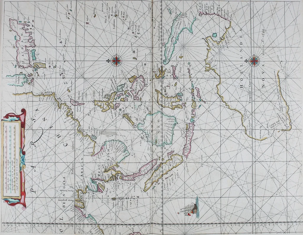 An illustration from De zee-atlas of Water-waerelt, vertoonende alle de zee-kusten van het bekende des aerd-bodems, met een generale beschrijvinge van dien : seer dienstigh voor schippers en stuurlieden, mitsgaders koop-lieden om op 't kantoor gebruyckt te worden : Nieuwelijcks aldus uytgegeven, 1665, leaf 70