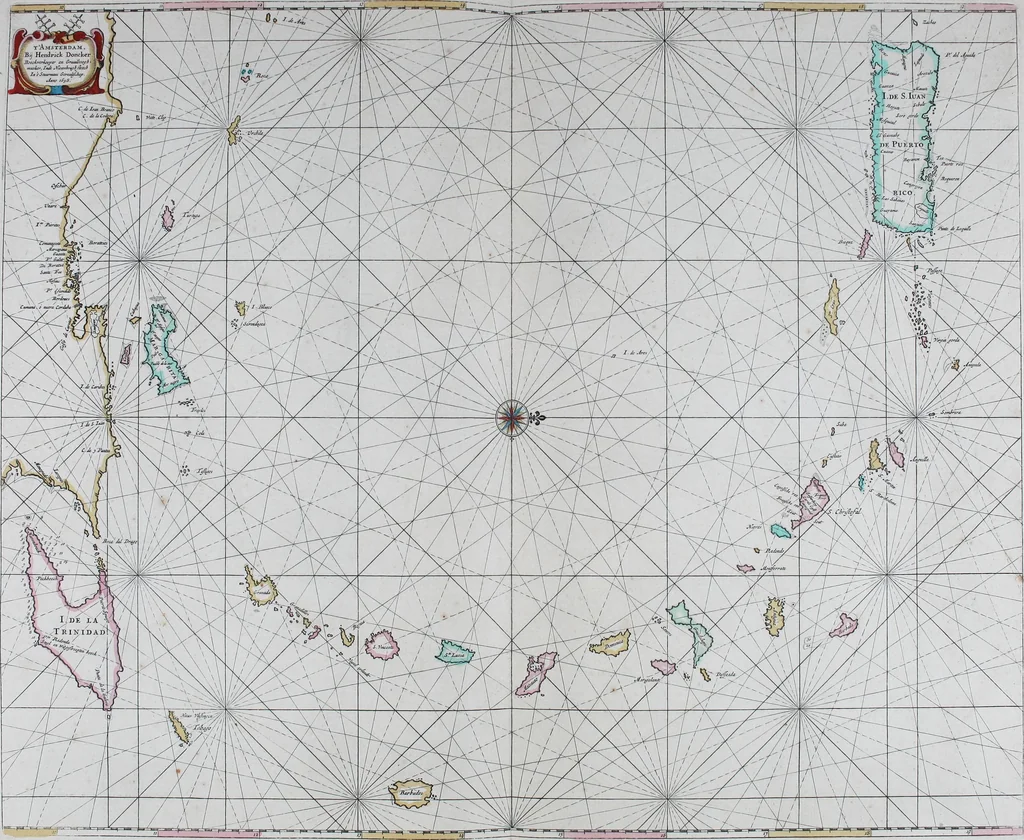An illustration from De zee-atlas of Water-waerelt, vertoonende alle de zee-kusten van het bekende des aerd-bodems, met een generale beschrijvinge van dien : seer dienstigh voor schippers en stuurlieden, mitsgaders koop-lieden om op 't kantoor gebruyckt te worden : Nieuwelijcks aldus uytgegeven, 1665, leaf 72
