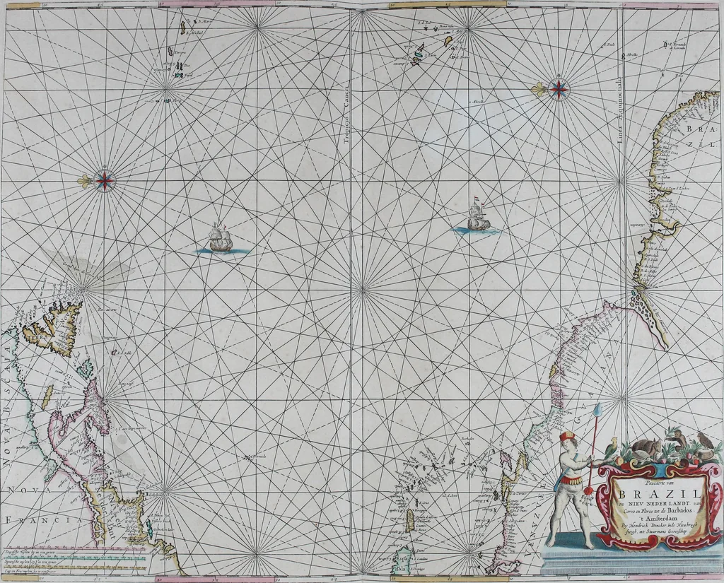An illustration from De zee-atlas of Water-waerelt, vertoonende alle de zee-kusten van het bekende des aerd-bodems, met een generale beschrijvinge van dien : seer dienstigh voor schippers en stuurlieden, mitsgaders koop-lieden om op 't kantoor gebruyckt te worden : Nieuwelijcks aldus uytgegeven, 1665, leaf 74