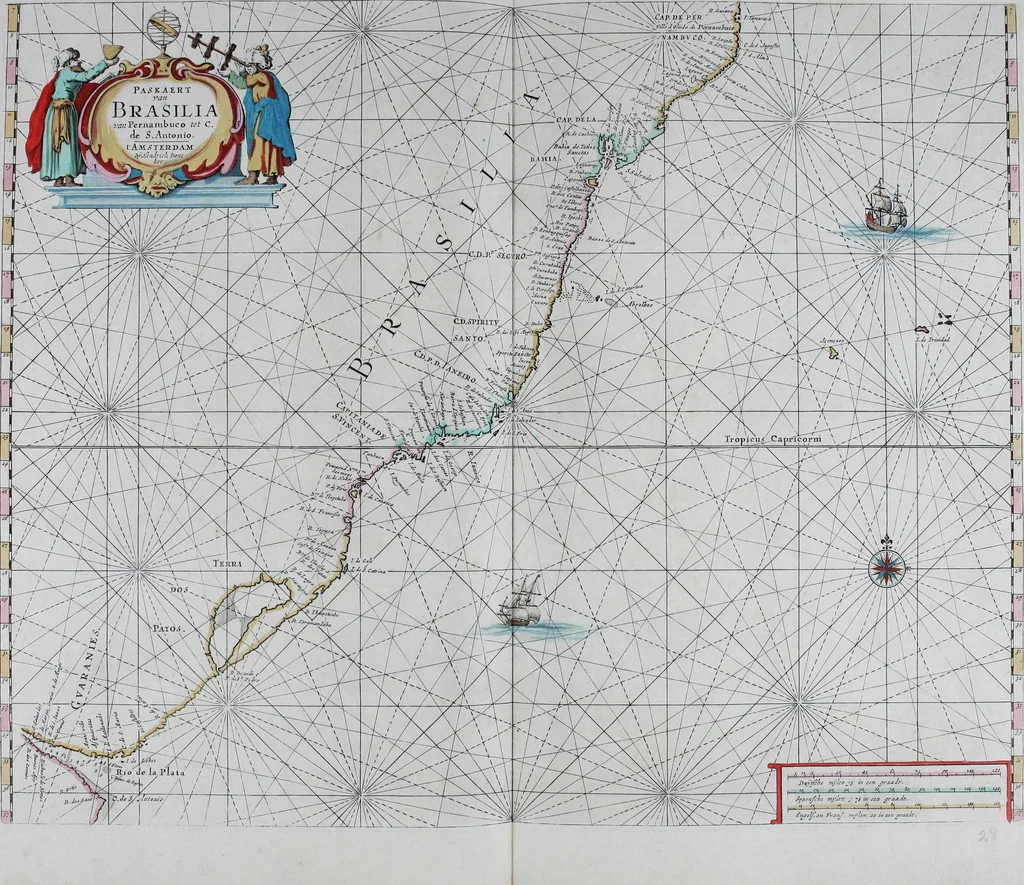An illustration from De zee-atlas of Water-waerelt, vertoonende alle de zee-kusten van het bekende des aerd-bodems, met een generale beschrijvinge van dien : seer dienstigh voor schippers en stuurlieden, mitsgaders koop-lieden om op 't kantoor gebruyckt te worden : Nieuwelijcks aldus uytgegeven, 1665, leaf 78