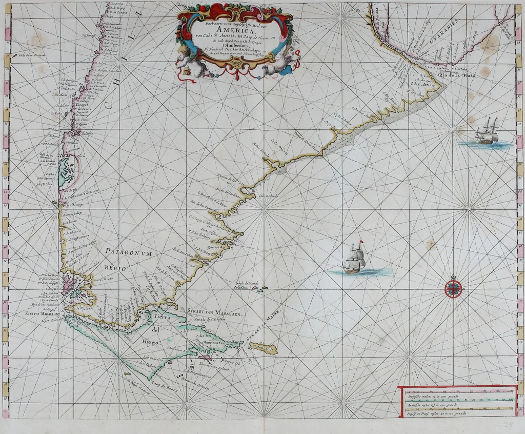 An illustration from De zee-atlas of Water-waerelt, vertoonende alle de zee-kusten van het bekende des aerd-bodems, met een generale beschrijvinge van dien : seer dienstigh voor schippers en stuurlieden, mitsgaders koop-lieden om op 't kantoor gebruyckt te worden : Nieuwelijcks aldus uytgegeven, 1665, leaf 80