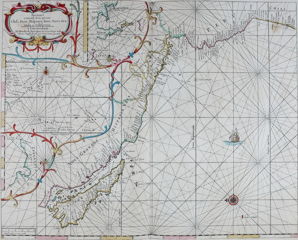An illustration from De zee-atlas of Water-waerelt, vertoonende alle de zee-kusten van het bekende des aerd-bodems, met een generale beschrijvinge van dien : seer dienstigh voor schippers en stuurlieden, mitsgaders koop-lieden om op 't kantoor gebruyckt te worden : Nieuwelijcks aldus uytgegeven, 1665, leaf 82
