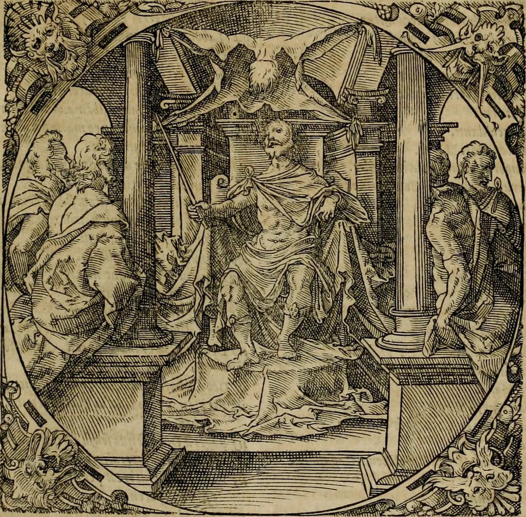 An illustration from D. Fernandi Vasqvii Menchacensis Pinciani ... Controversiarvm illvstrivm aliarvmqve vsv frequentivm libri tres : nvnc denvo longe qvam antea emendatius ac elegantius editi, iureconsultis omnibus summo vsui futuri, 1572, leaf 12