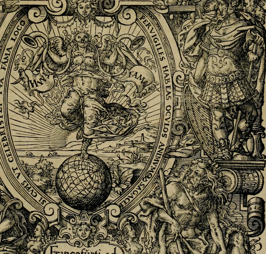An illustration from D. Fernandi Vasqvii Menchacensis Pinciani ... Controversiarvm illvstrivm aliarvmqve vsv frequentivm libri tres : nvnc denvo longe qvam antea emendatius ac elegantius editi, iureconsultis omnibus summo vsui futuri, 1572, leaf 4