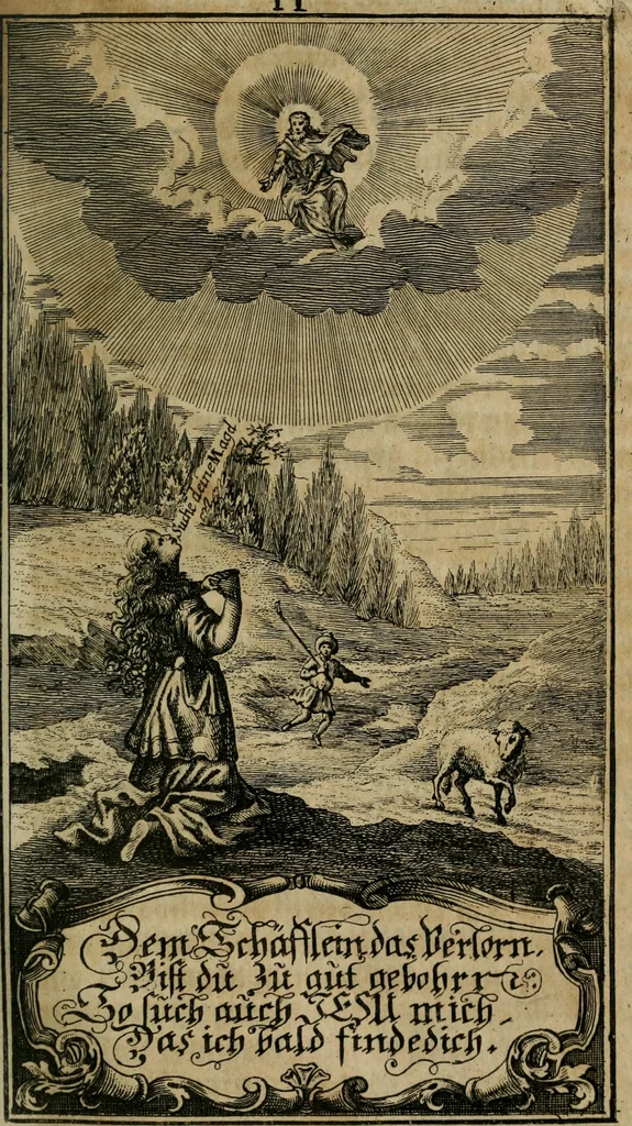 An illustration from D. Heinrich Müllers Thränen- und Trost-Quelle : bey Erklärung der Geschichte, von der grossen Sünderin ... anietzo aufs neue bey jeder Betrachtung mit Vorbereitungs- Busz- und Beicht-Gebeten versehen : samt einer Anweisung zur Sing- und Bibel-Andacht, ... und einer Vorrede Hn. D. Michael Reinhard, mit Kupffer-Stichen gezieret, 1724, leaf 118