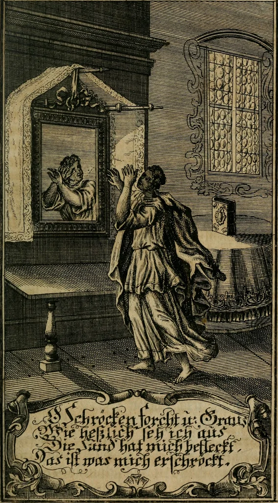 An illustration from D. Heinrich Müllers Thränen- und Trost-Quelle : bey Erklärung der Geschichte, von der grossen Sünderin ... anietzo aufs neue bey jeder Betrachtung mit Vorbereitungs- Busz- und Beicht-Gebeten versehen : samt einer Anweisung zur Sing- und Bibel-Andacht, ... und einer Vorrede Hn. D. Michael Reinhard, mit Kupffer-Stichen gezieret, 1724, leaf 134