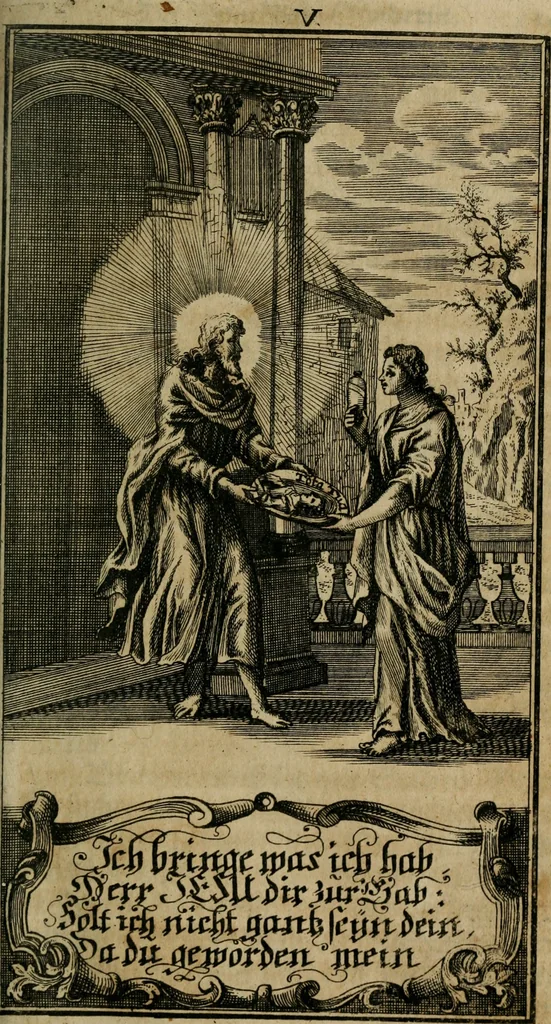 An illustration from D. Heinrich Müllers Thränen- und Trost-Quelle : bey Erklärung der Geschichte, von der grossen Sünderin ... anietzo aufs neue bey jeder Betrachtung mit Vorbereitungs- Busz- und Beicht-Gebeten versehen : samt einer Anweisung zur Sing- und Bibel-Andacht, ... und einer Vorrede Hn. D. Michael Reinhard, mit Kupffer-Stichen gezieret, 1724, leaf 238